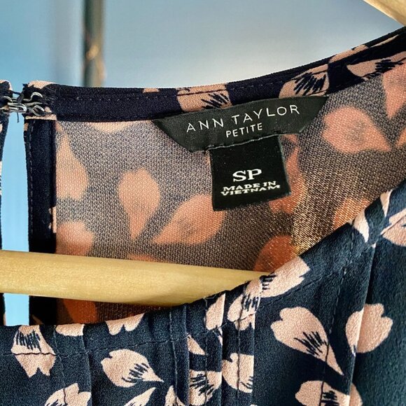 Ann Taylor Petite Navy Blue and Peach Petals Ruffle  Sleeve Blouse - Picture 4 of 6